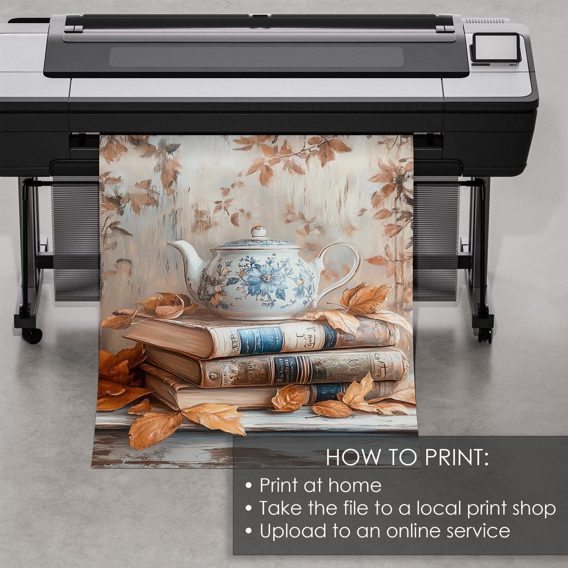 Blue Floral Teapot on Vintage Books Autumn Leaves Cozy Fall Print - Image 5