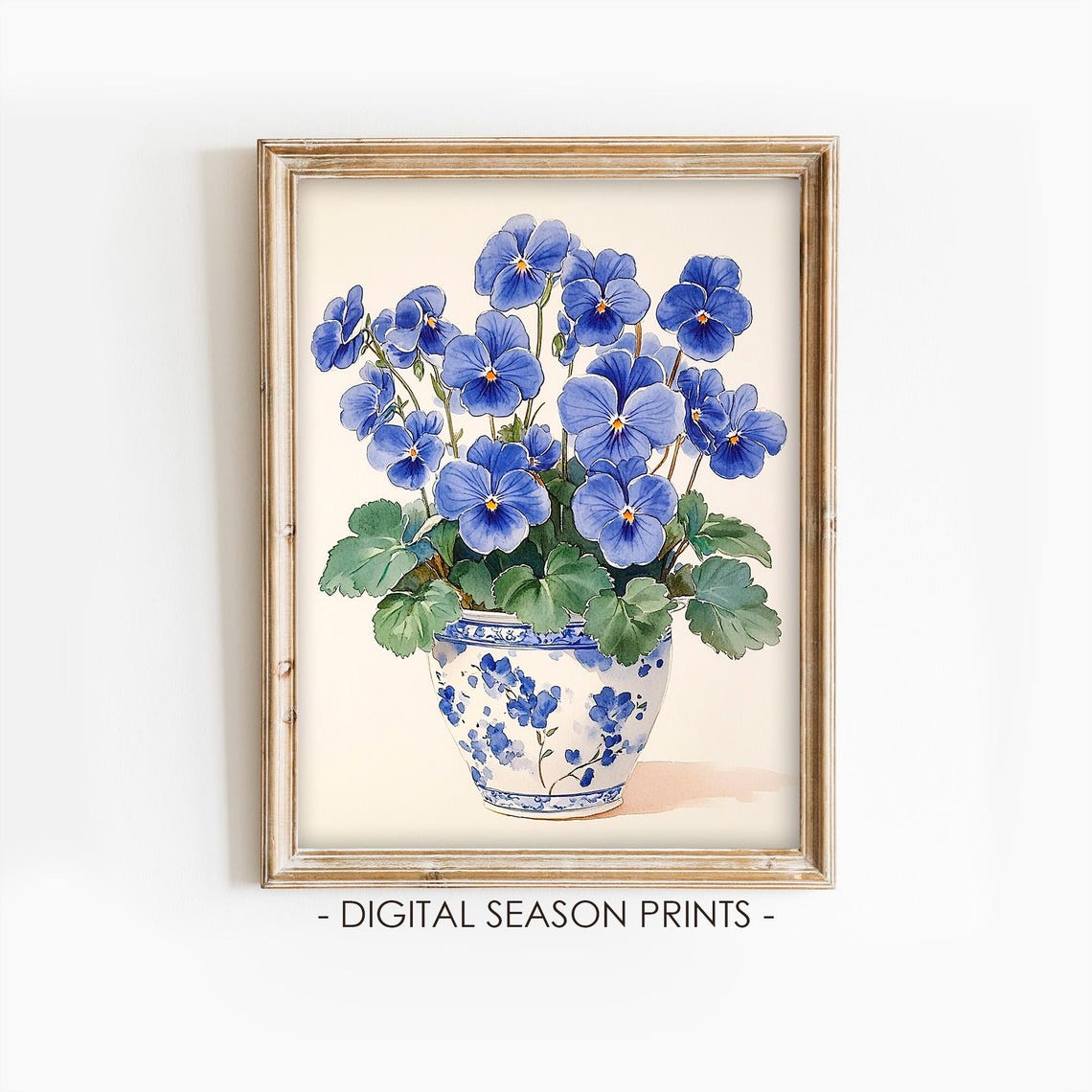 Blue Pansies In A Blue And White Chinoiserie Vase Watercolor Poster