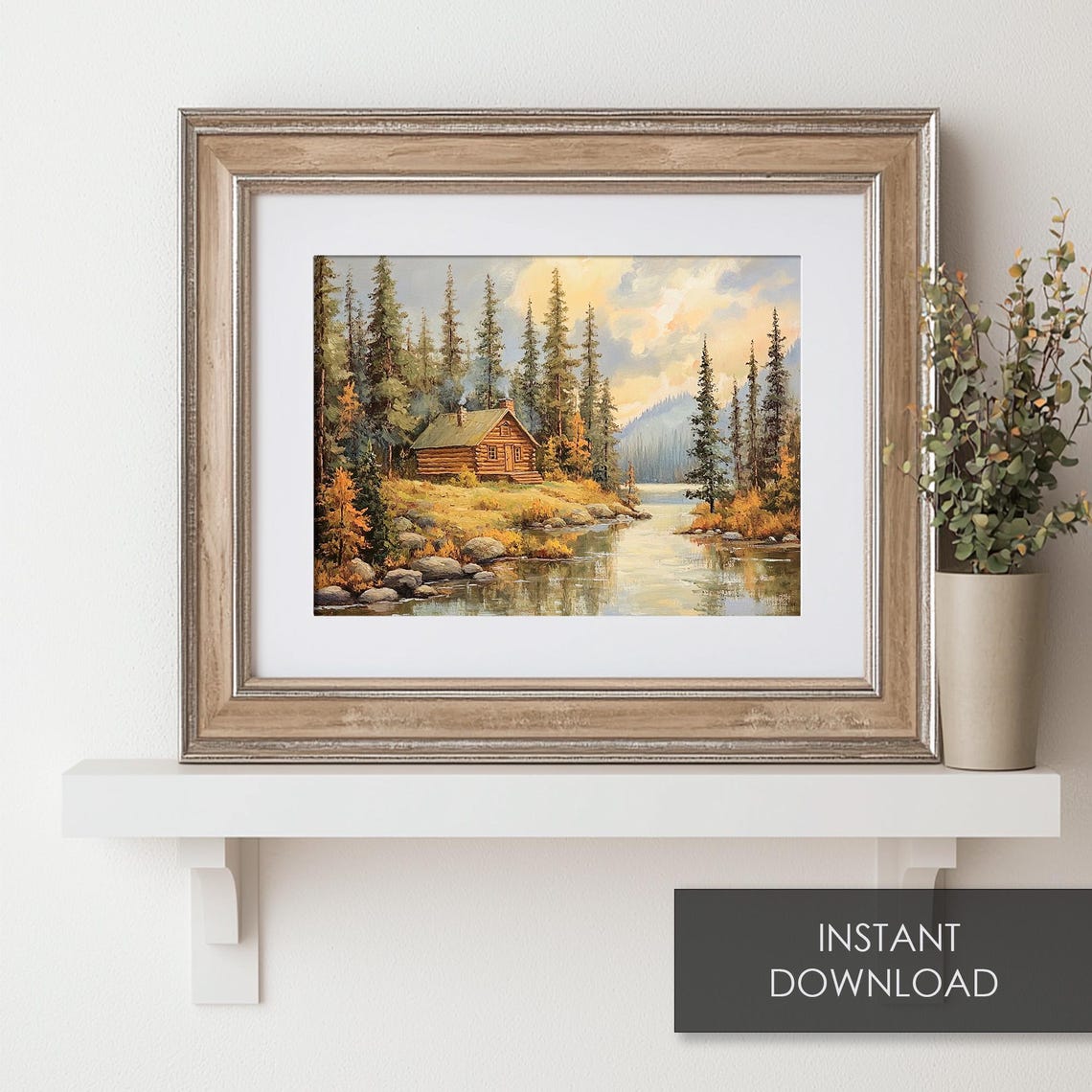 Log Cabin by the Lake Among Pine Trees Fall Landscape Poster - Image 6