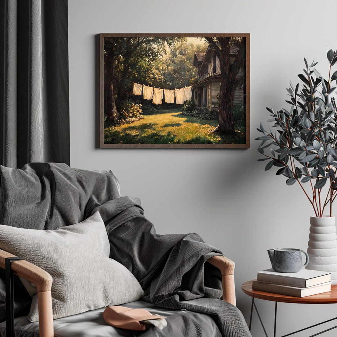 White Linens on a Clothesline Beside a Farmhouse Summer Evening Poster - Image 6