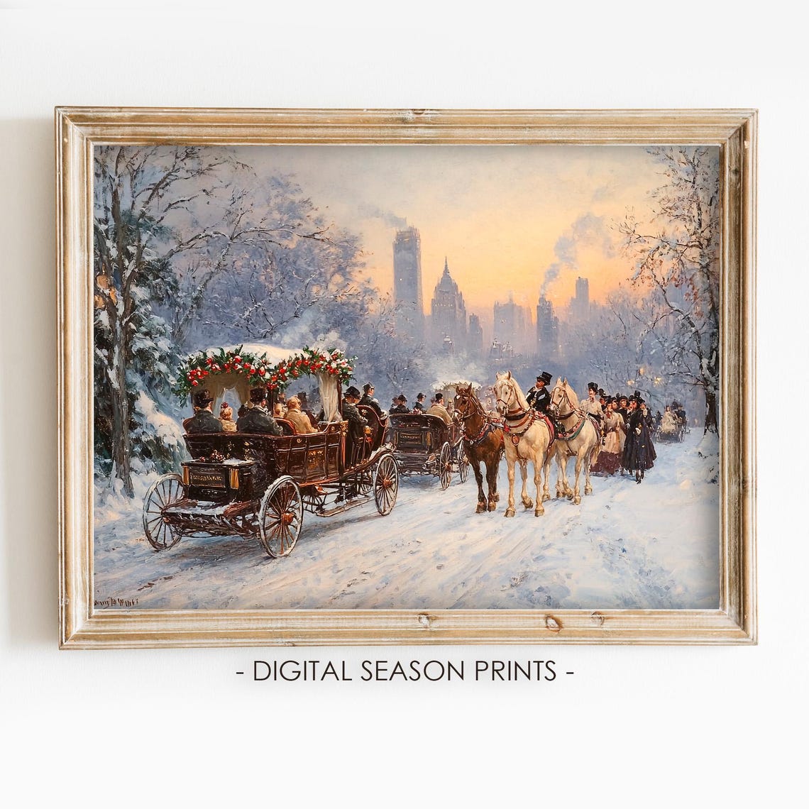 Vintage Winter City Park With Horse Carriages At Sunset Snow Poster