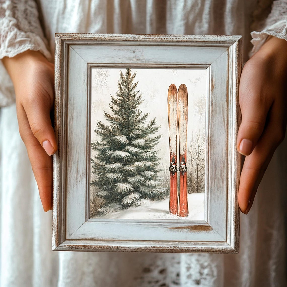 Red Vintage Skis Snowy Pine Classic Winter Ski Lodge Wall Art - Image 3