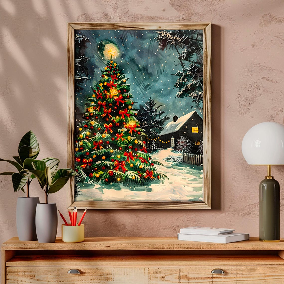 Giant Lit Christmas Tree with Red Bows Snowy Farmhouse Night Poster - Image 6