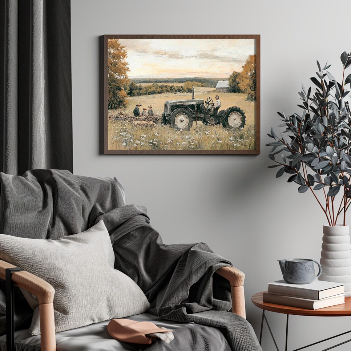 Vintage Green Tractor with Farmers in Golden Field at Dusk Print - Image 6