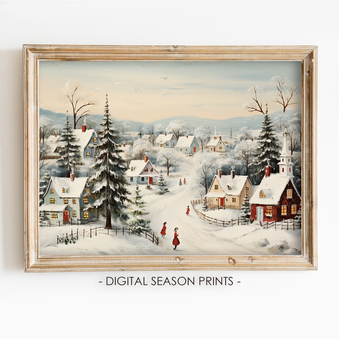 Snowy Village Children Red Coats Church Vintage Christmas Art Print