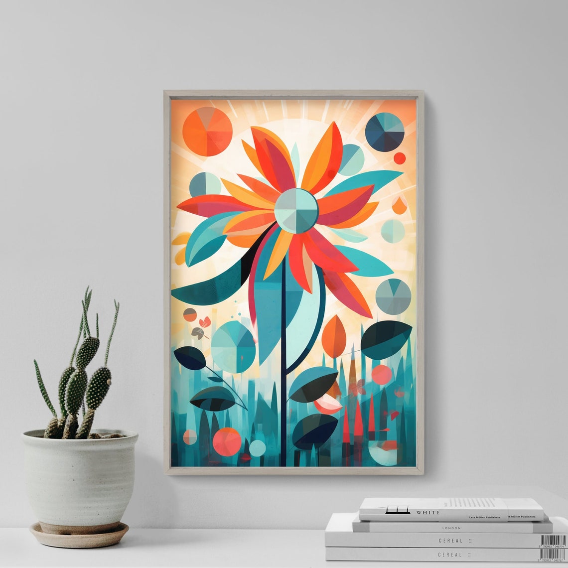 Mid Century Modern Geometric Flower Orange Teal Retro Botanical Print