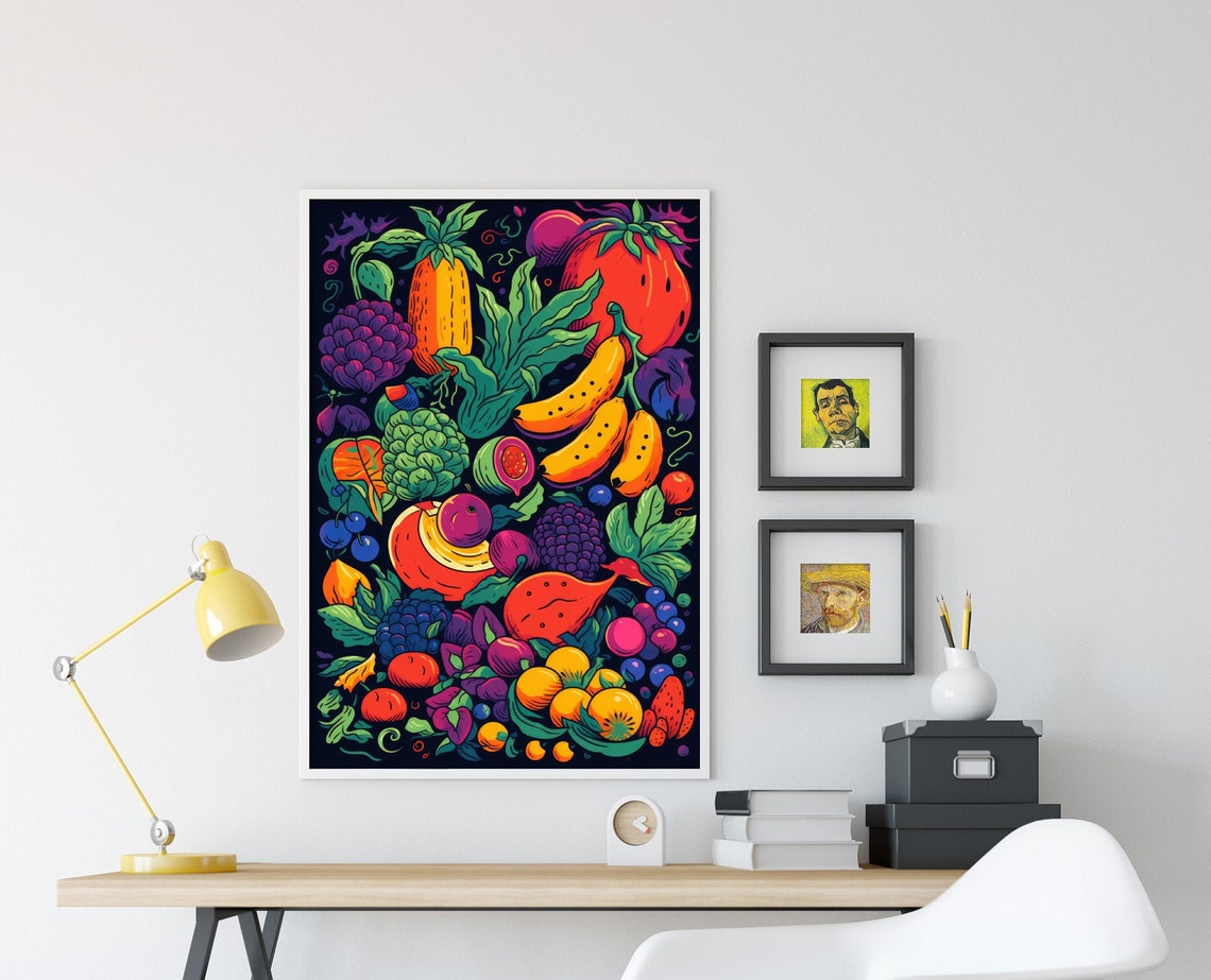 Vibrant Fruit And Vegetable Harvest Dark Background Art Poster - Image 4
