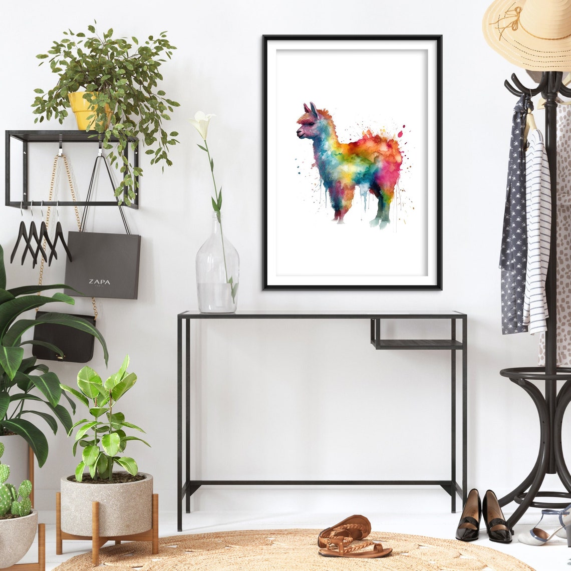 Rainbow Watercolor Alpaca Portrait Splash Paint Wildlife Art Print - Image 2