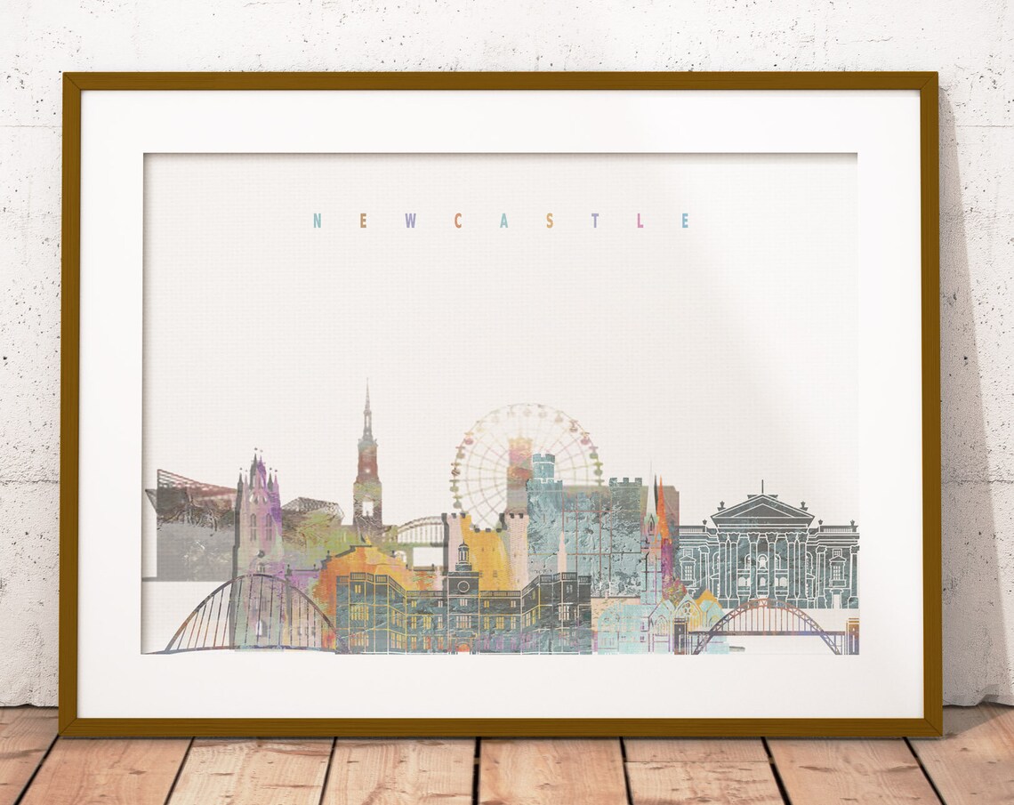 Newcastle England Tyne Bridge Watercolor Skyline Art Modern Home Decor Poster