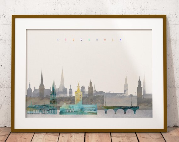 Stockholm Sweden Watercolor Skyline Pastel Letters City Hall Poster