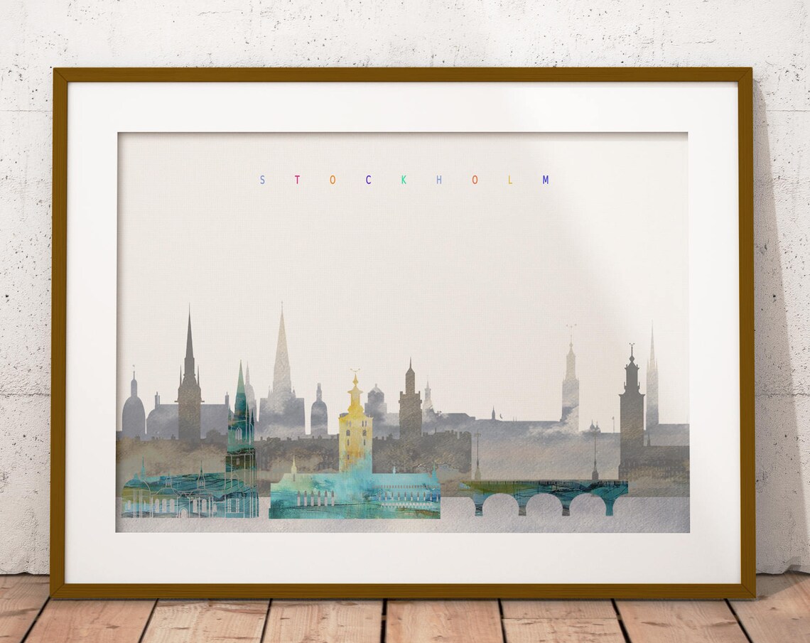 Stockholm Sweden Watercolor Skyline Pastel Letters City Hall Poster