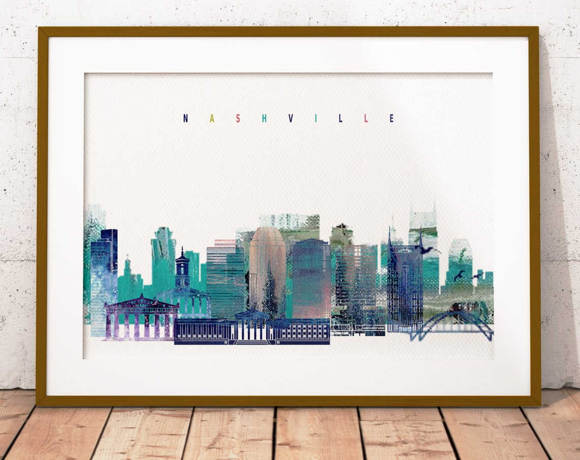 Nashville Tennessee Watercolor Skyline Parthenon Pastel Letter Poster
