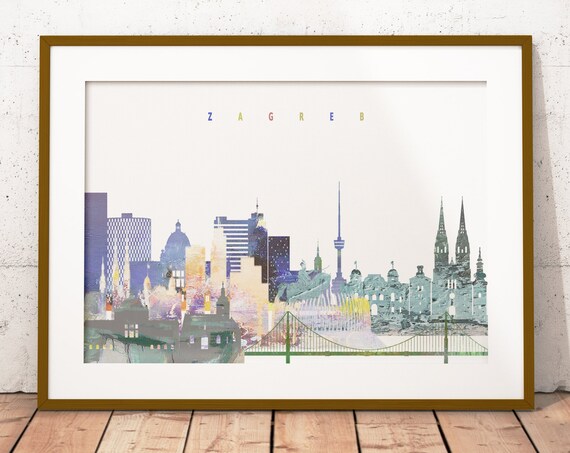 Zagreb Croatia Colorful Watercolor Cathedral Skyline Art Poster