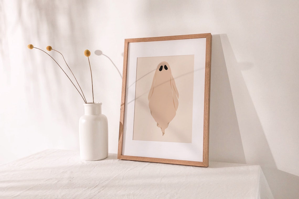 Cute Minimalist Beige Ghost Spooky Halloween Illustration Wall Art - Image 2