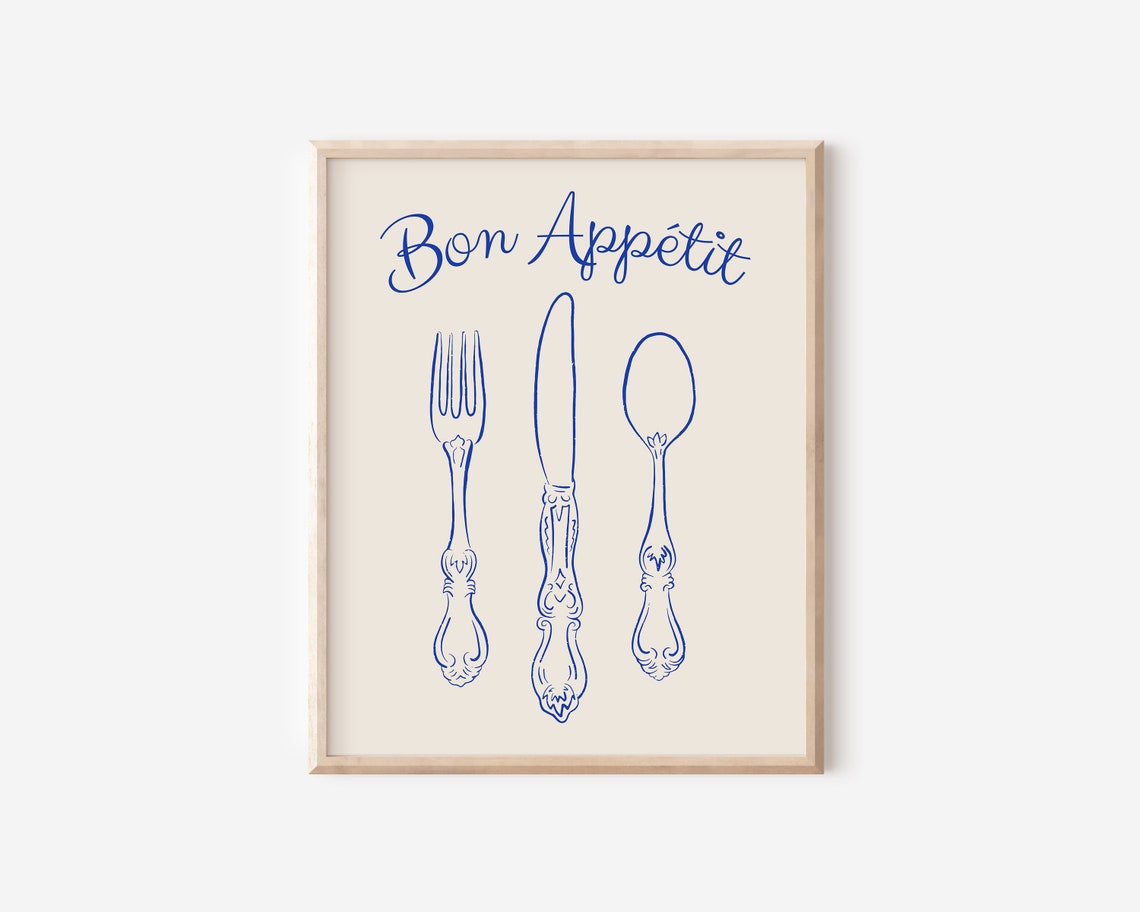 Bon Appétit Blue Script Cutlery Line Drawing Kitchen Wall Poster - Image 2