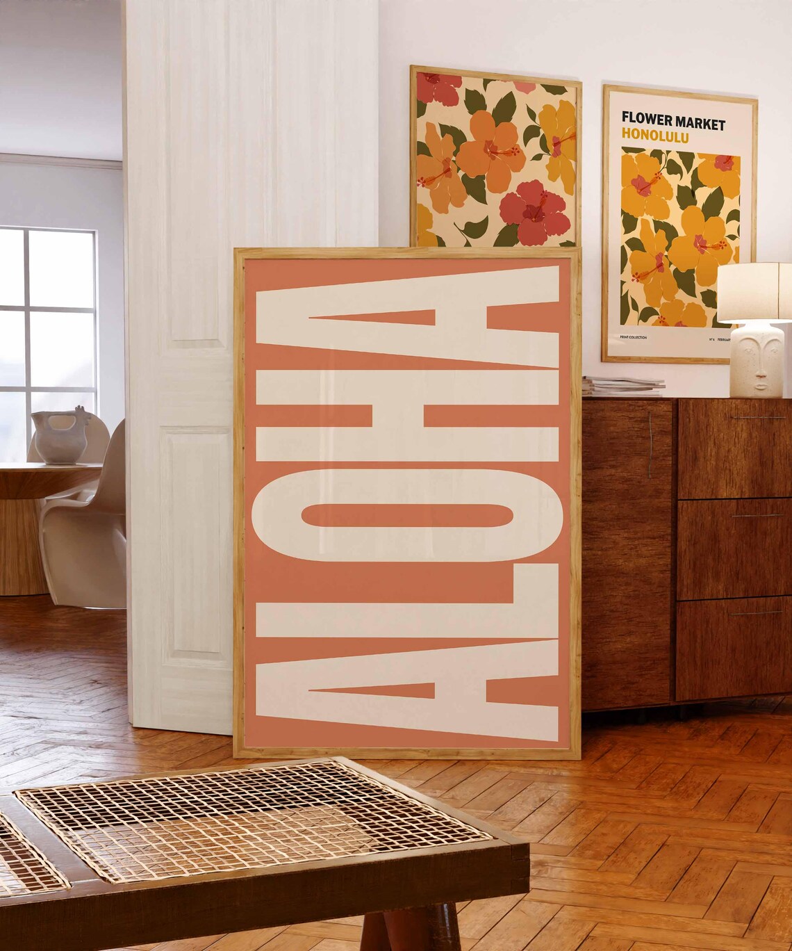 Aloha Retro Hawaiian Typography Coral Living Room Travel Poster