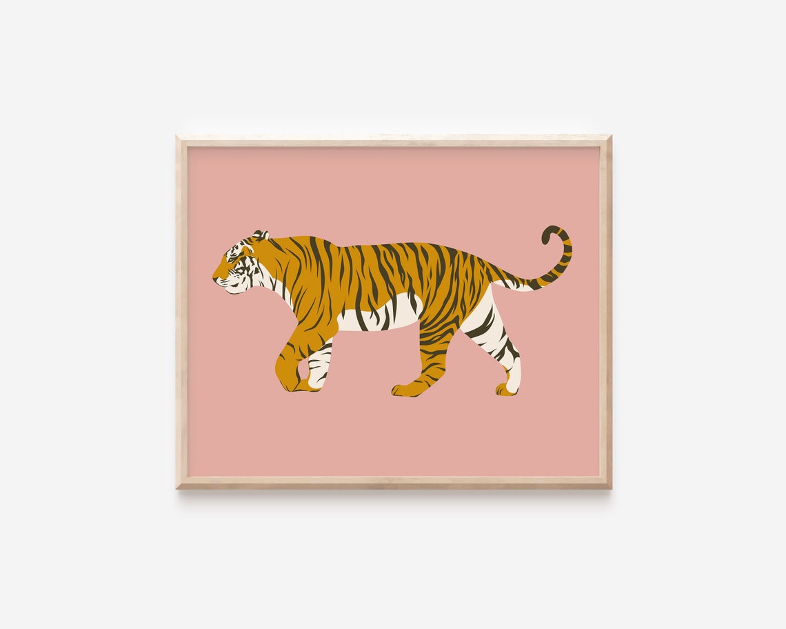 Abstract Pink Tiger Illustration Striding Big Cat Safari Poster