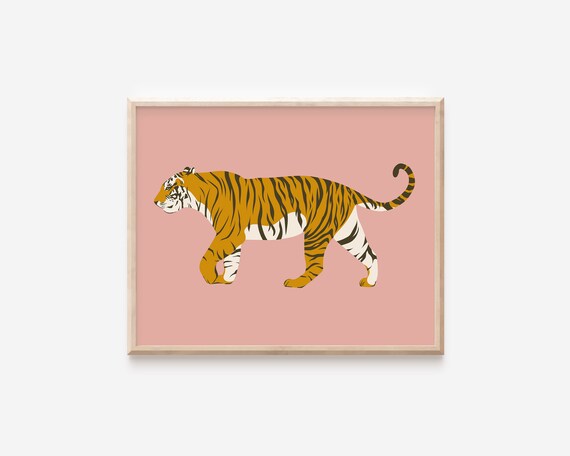 Abstract Pink Tiger Illustration Striding Big Cat Safari Poster