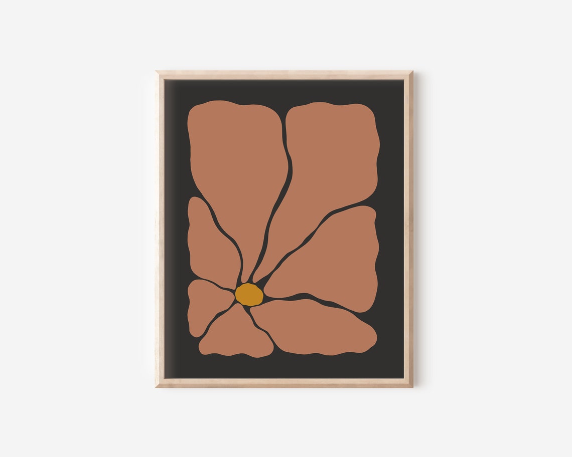 Burnt Orange Groovy Flower Black Background Retro Autumn Art Poster - Image 2
