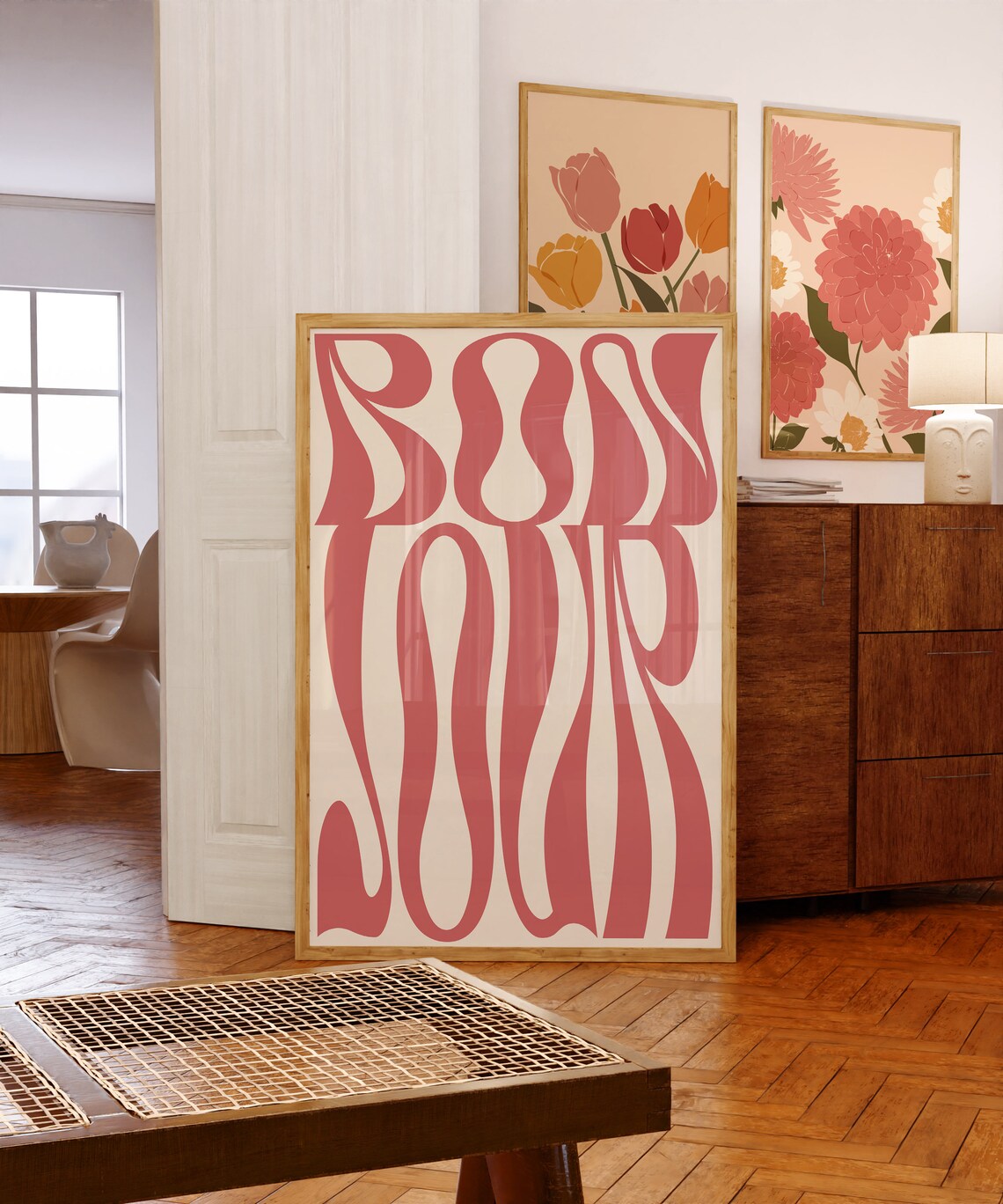 Groovy Bonjour Typography Poster, Retro French Art