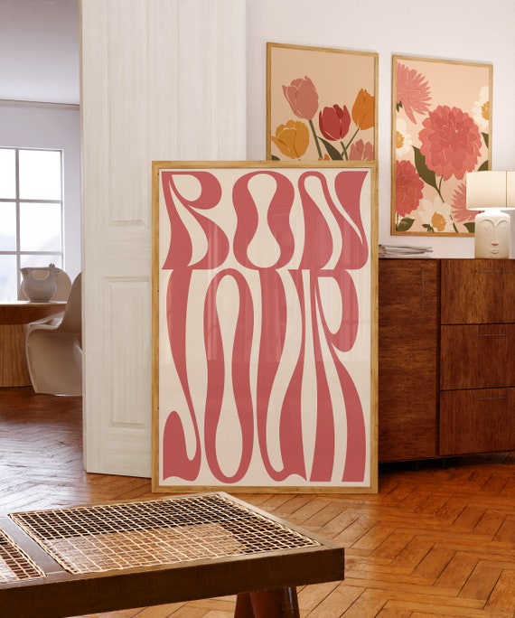 Groovy Bonjour Typography Poster, Retro French Art