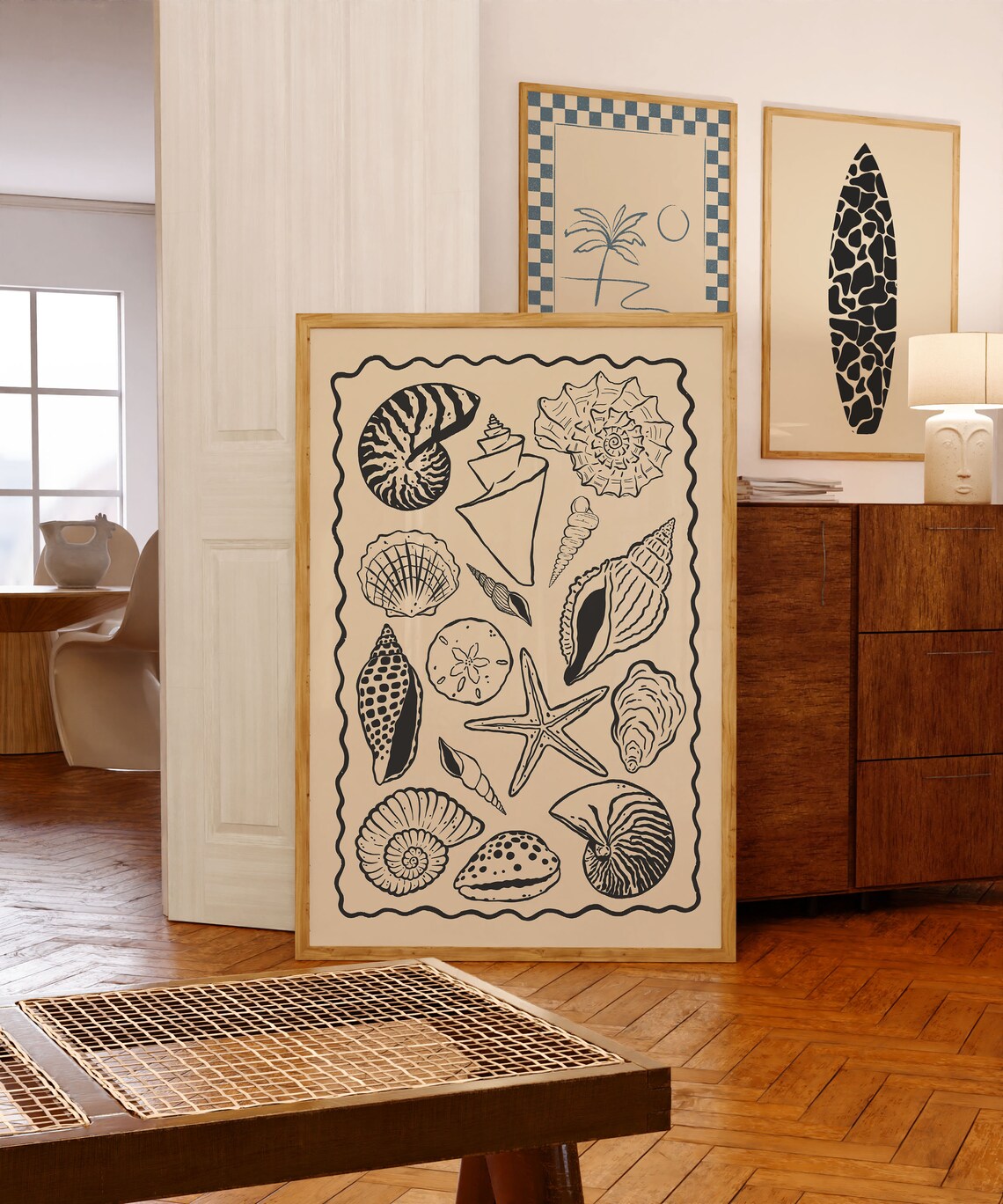 Seashells Line Art Print, Boho Coastal Beach Art