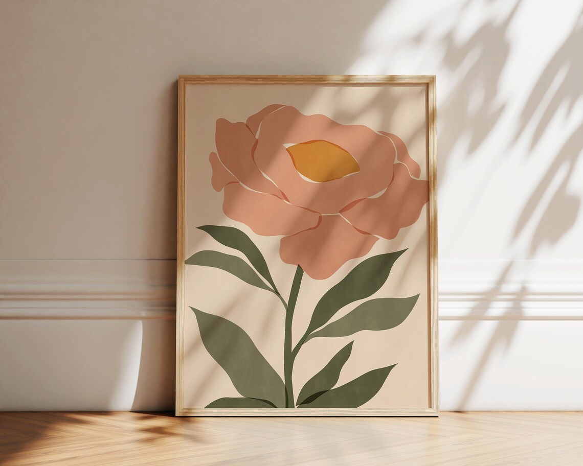 Abstract Pink Peony Flower Sage Green Leaves Botanical Poster - Image 2