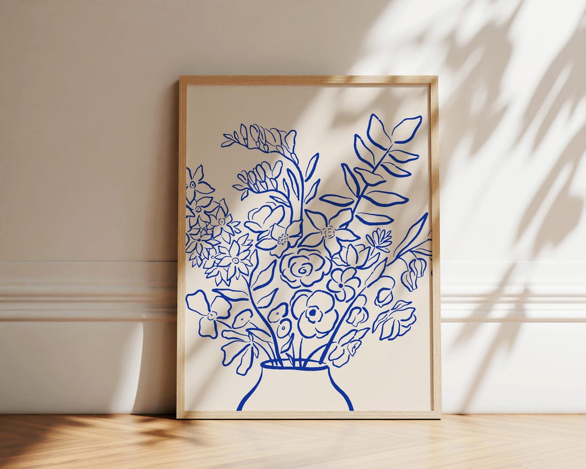 Navy Flower Bouquet Vase Line Art Minimalist Botanical Poster - Image 2