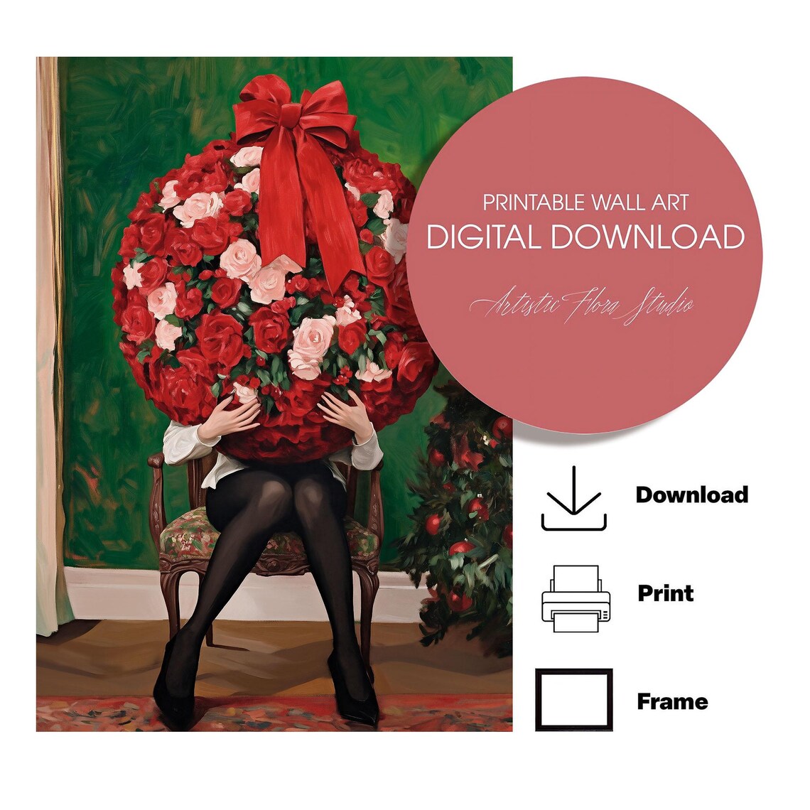Woman Holding Giant Floral Bauble With Red Bow Christmas Poster