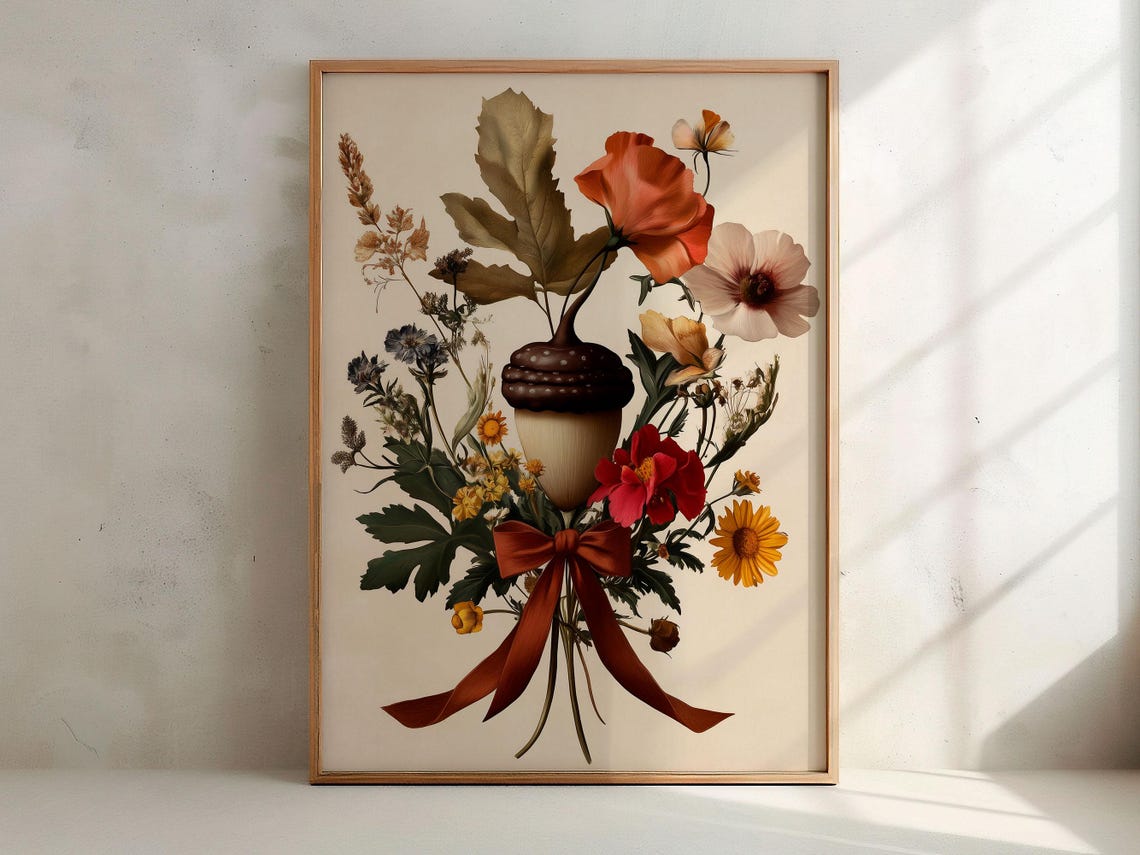 Acorn Wildflower Meadow Bouquet Red Bow Fall Harvest Floral Poster - Image 4