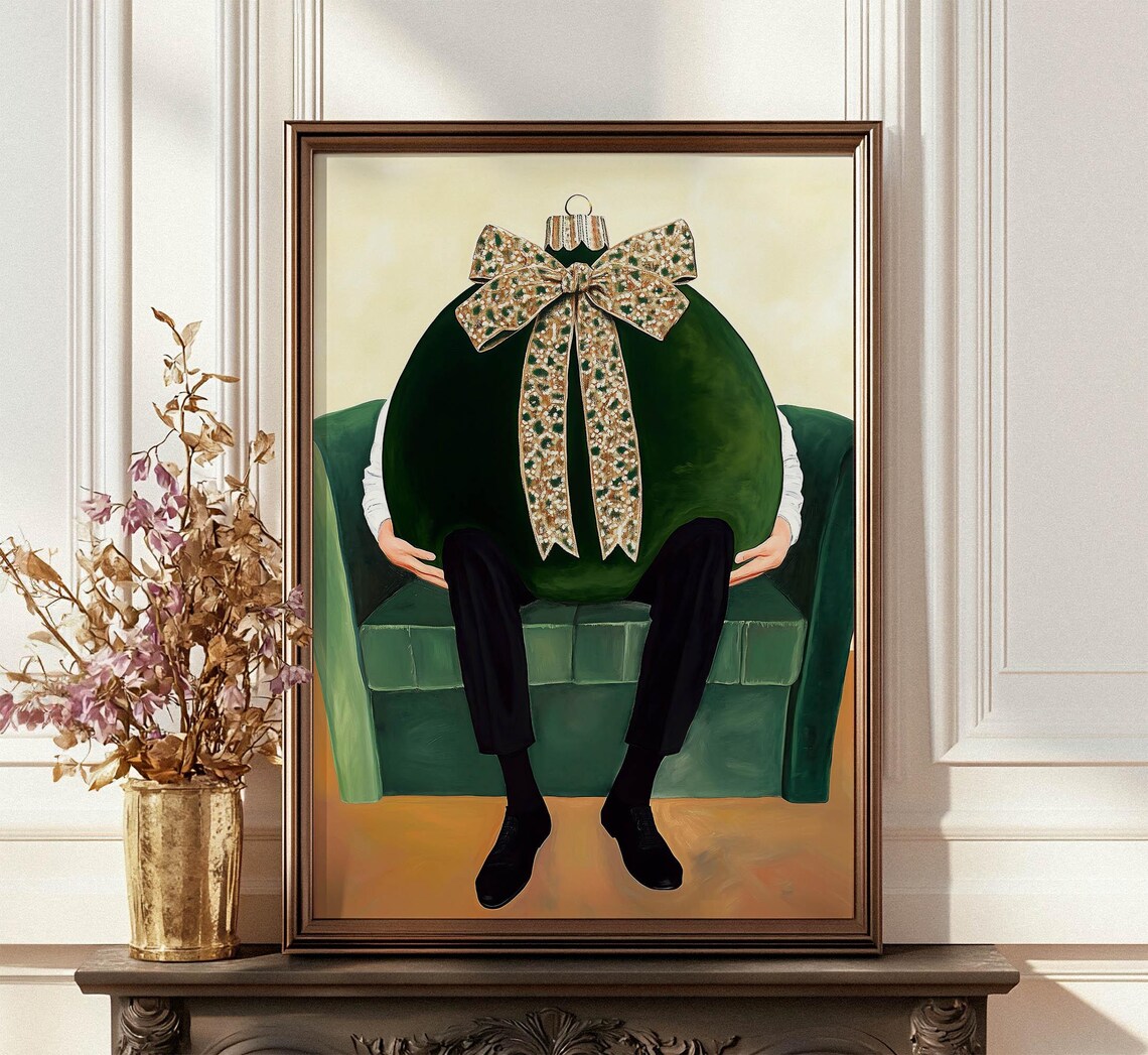 Person With Giant Green Christmas Bauble Body Sitting Armchair Poster - Image 4