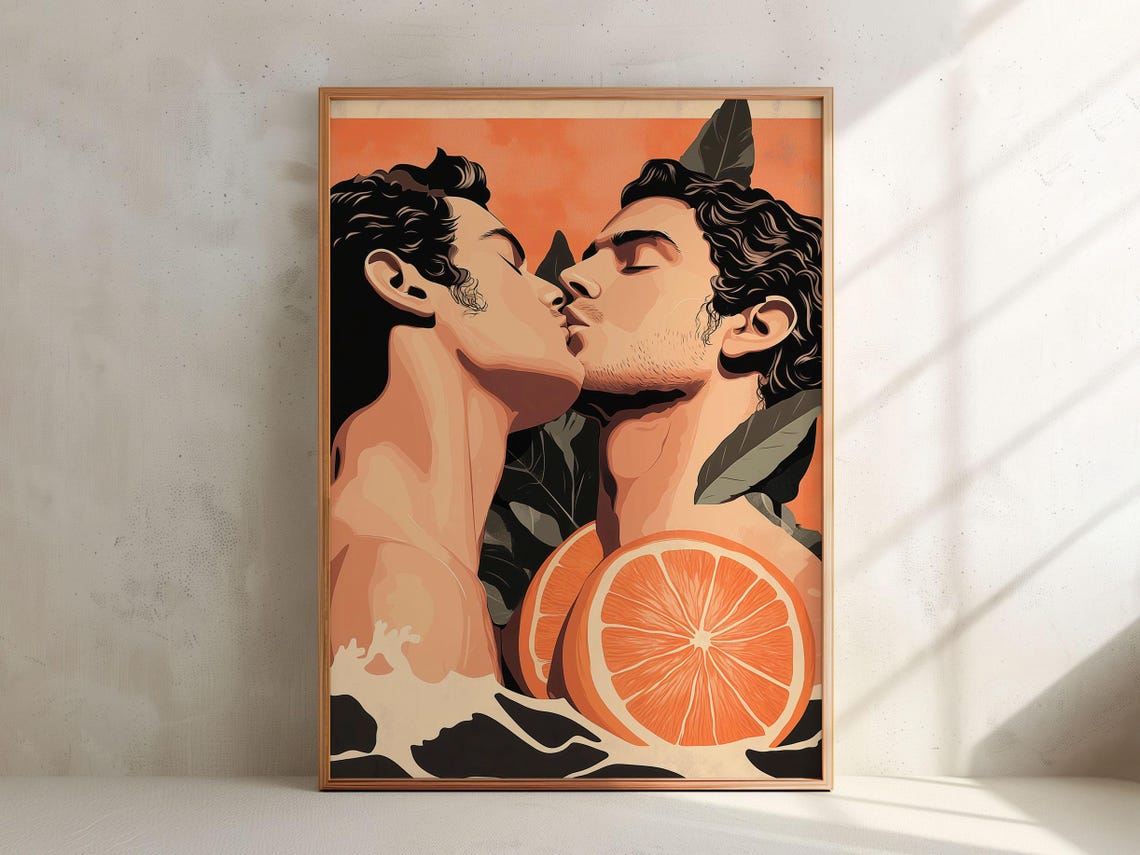 Gay Art Watercolor Gay Art Kissing Poster Orange Fruit Painting Lgbtq Office Poster Gay Engagement Decor Wall Art