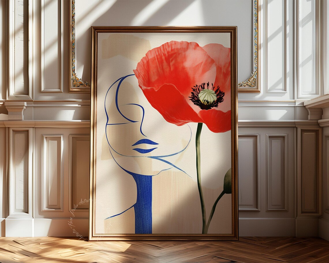 Red Poppy Abstract Woman Face Line Art Modern Floral Wall Poster