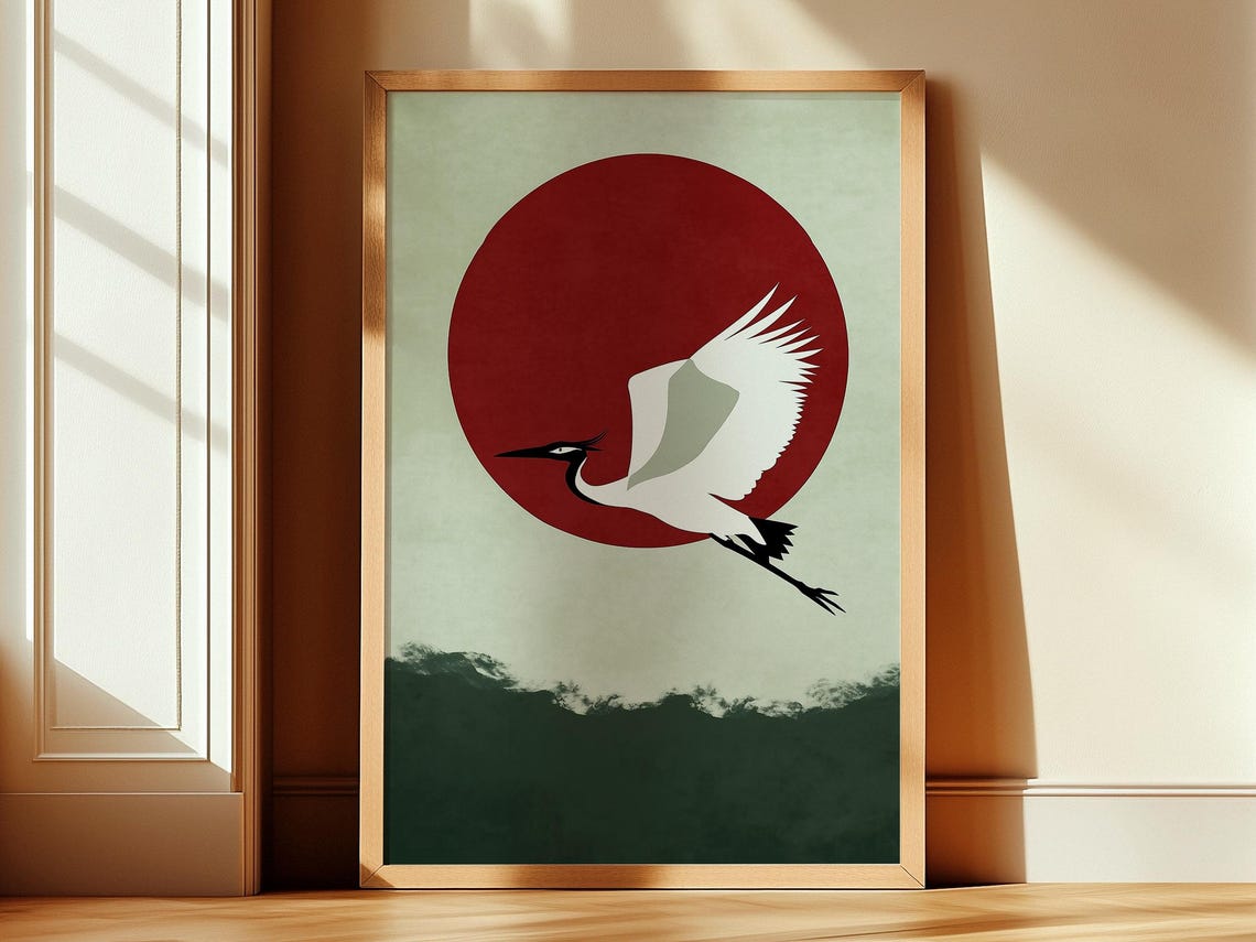 Single Crane Flying Across Red Sun Sage Green Japanese Art Poster