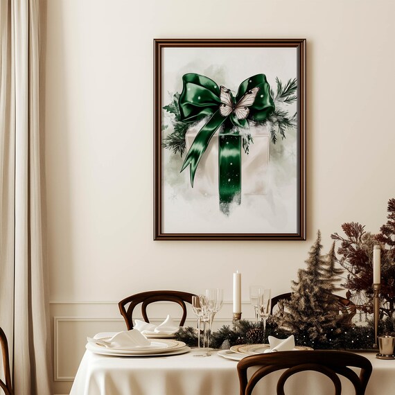 Emerald Green Bow Christmas Gift Box With Butterfly Art Poster
