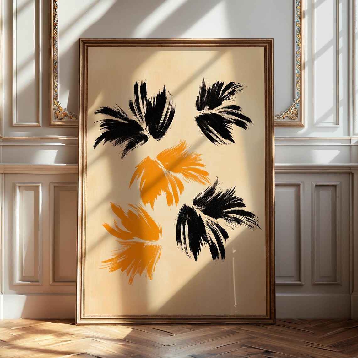 Black And Orange Brush Stroke Feather Shapes Abstract Art Poster