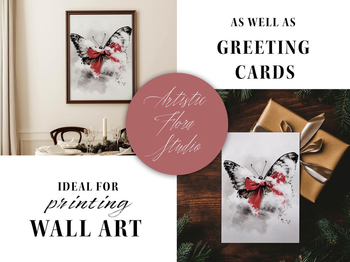 Butterfly With Red Bow Dusting Of Snow Winter Watercolor Art Poster - Image 3
