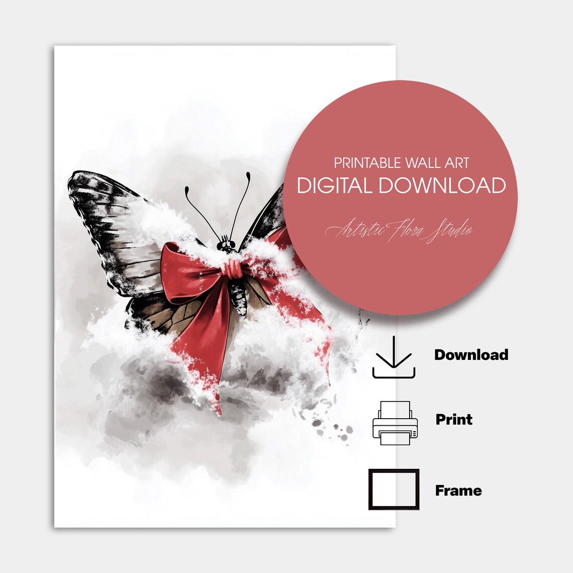 Butterfly With Red Bow Dusting Of Snow Winter Watercolor Art Poster - Image 5