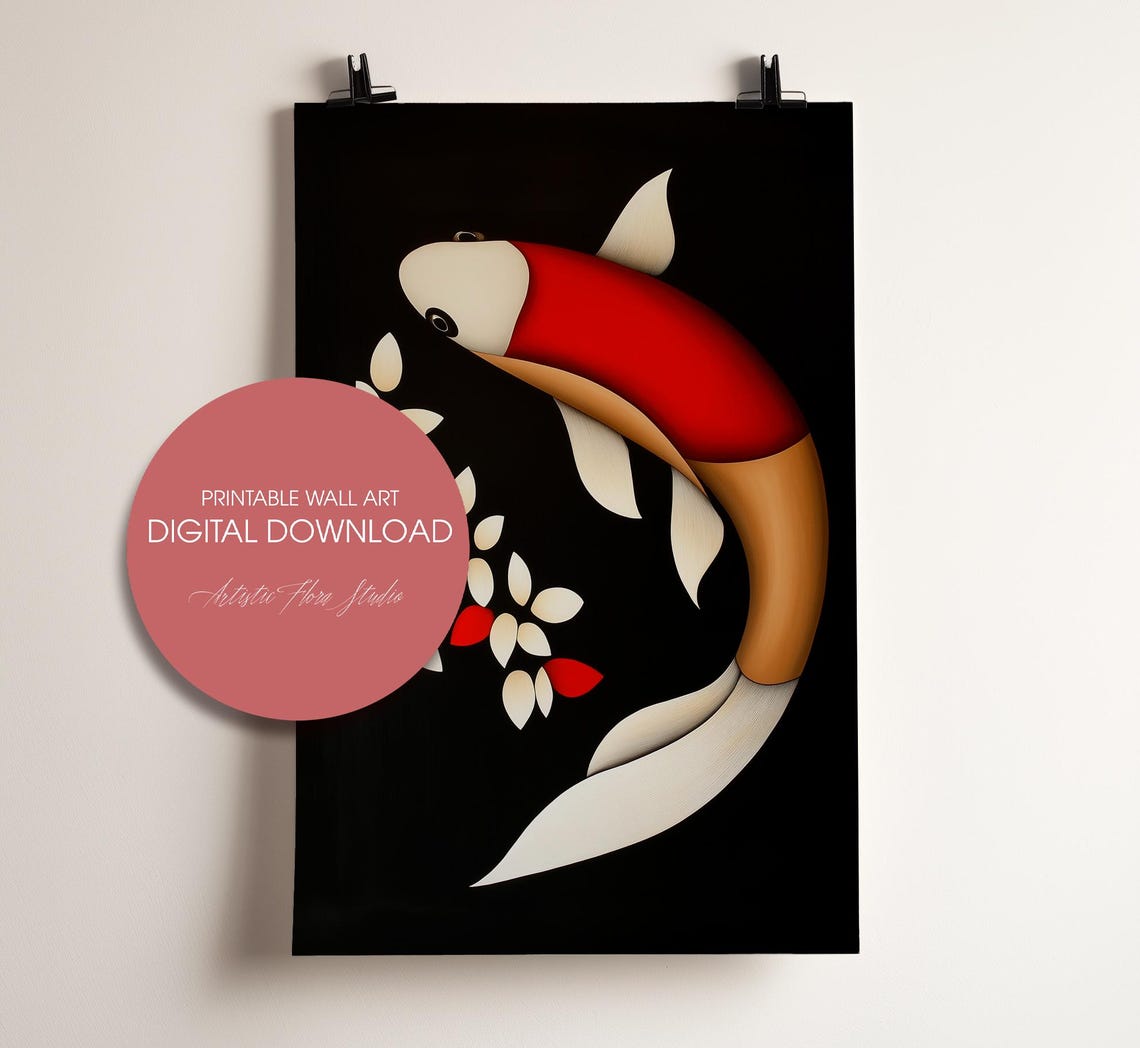 Red Koi Fish Minimalist Modern Japanese Black Background Art Poster - Image 2