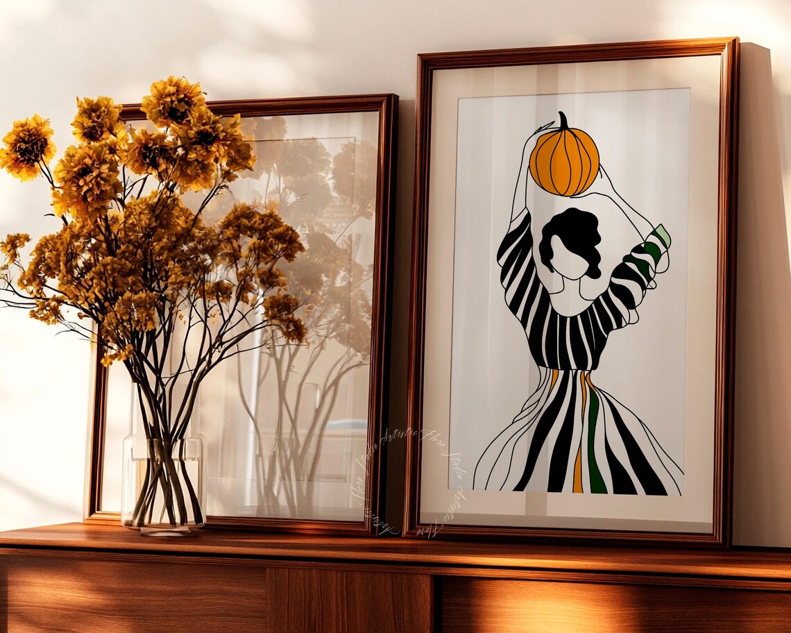 Woman Holding Pumpkin Overhead Striped Dress Fall Art Poster - Image 2