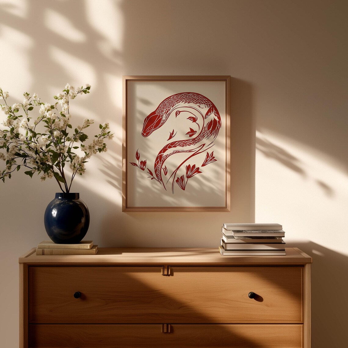 Red Paper Cut Snake Floral Design Bold Minimalist Art Poster - Image 2