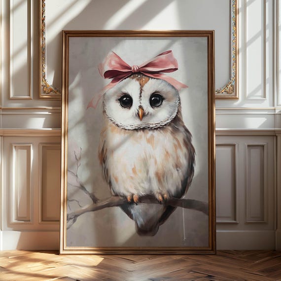 Cute Owl Art Print Pink Bow Wall Art Animal Illustration Winter Decor Bedroom Artwork Nature Painting Art Poster Feminine 143