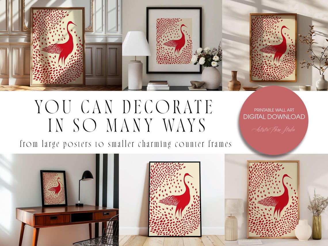 Graceful Red Crane Bird Among Petal Shower Elegant Abstract Poster - Image 2