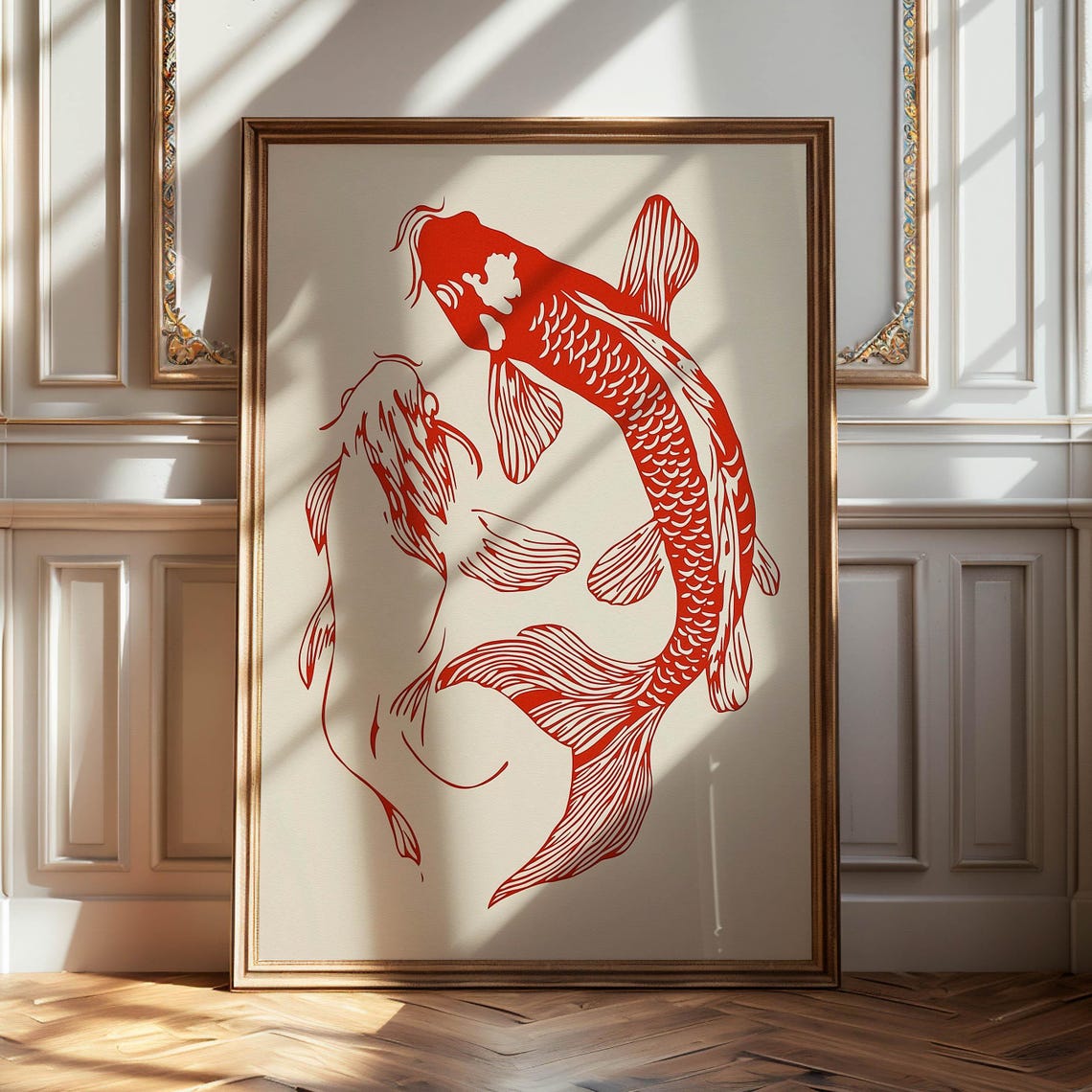 Two Red Koi Fish Line Art on Cream Minimalist Japanese Fish Poster