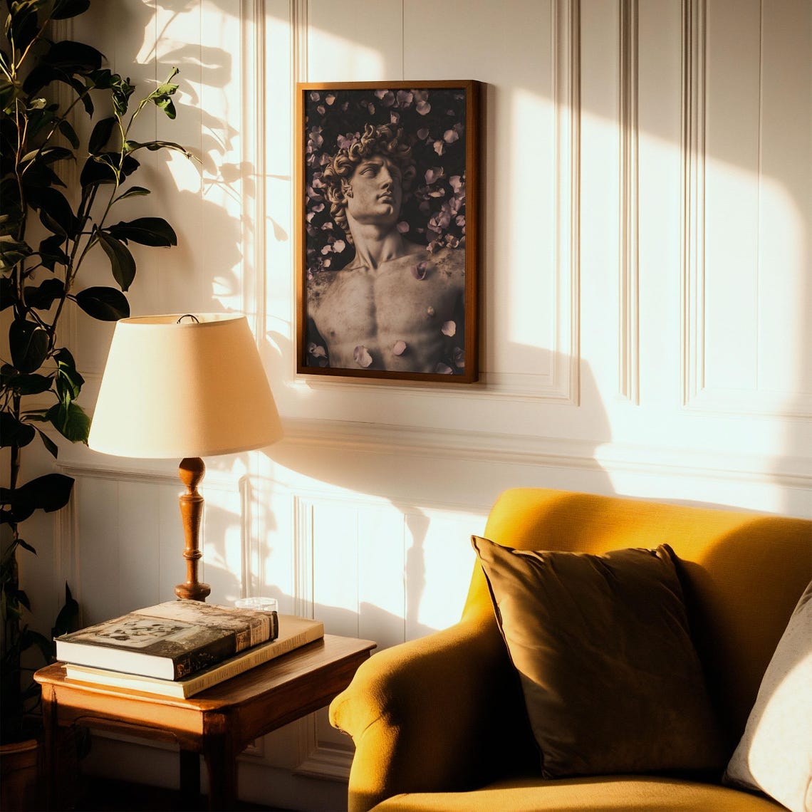 David Statue Bust with Dark Moody Rose Petals Classical Poster - Image 4