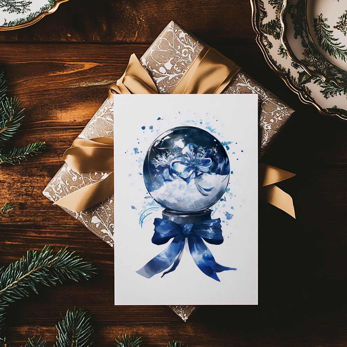 Blue Watercolor Snow Globe With Bow Winter Christmas Art Poster - Image 4
