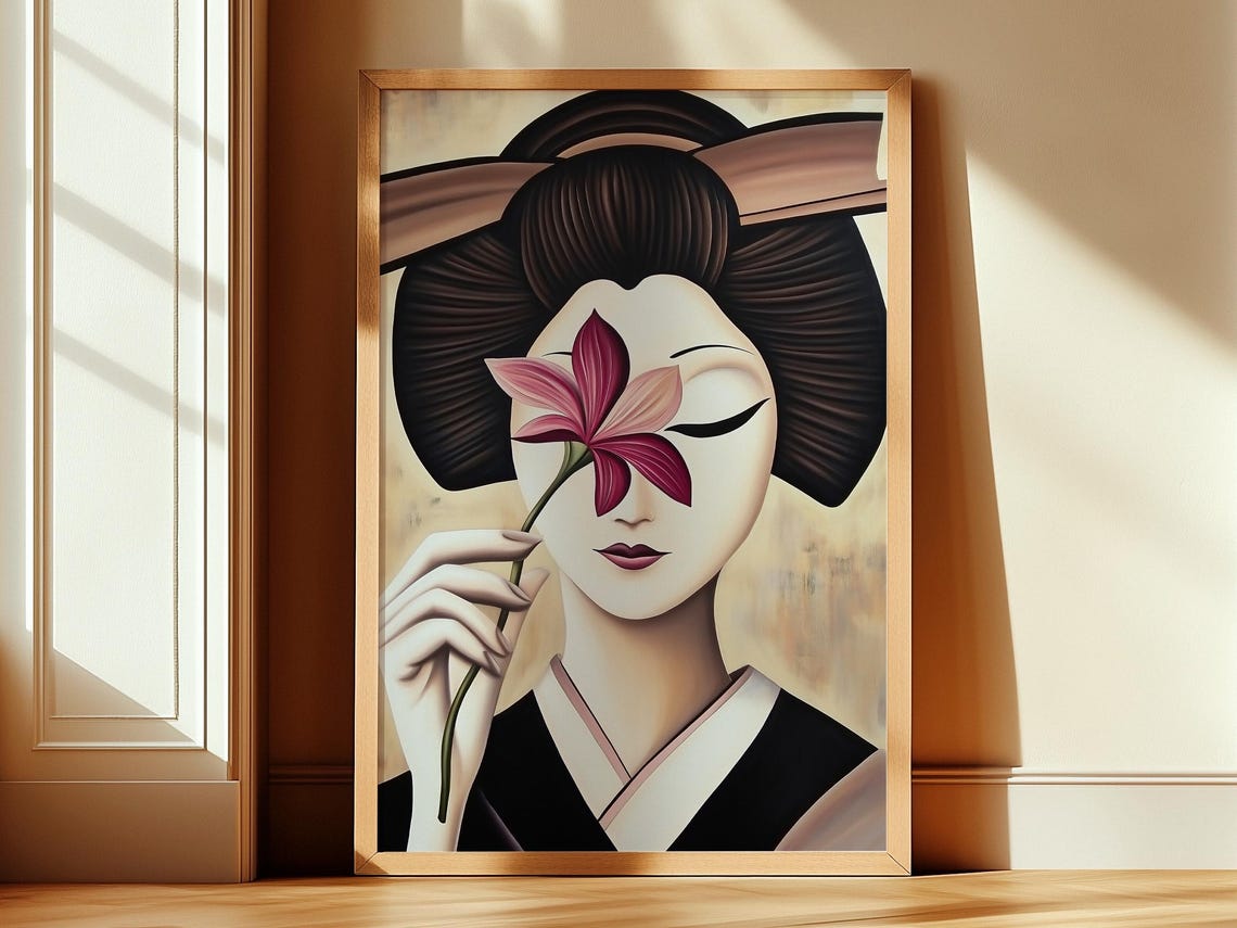 Geisha Costume Art Print Elegant Asian Woman Portrait Oil Painting Japanese Tsubushi Shimada Illustration Home Retro Decor 216
