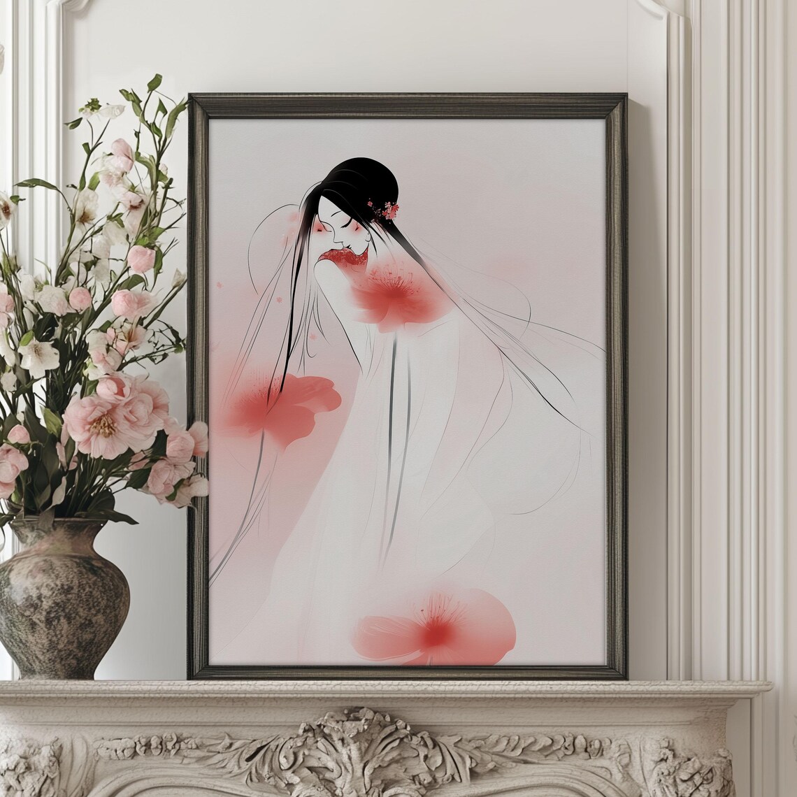 Japanese Woman Poppies Delicate Ink Illustration Floral Art Poster - Image 3