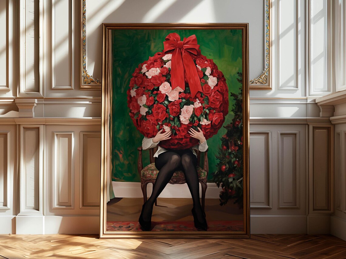 Woman Holding Giant Floral Bauble With Red Bow Christmas Poster - Image 5