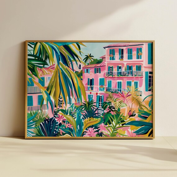 Pink Building Painting Wall Art Tropical City Landscape Image Palm Tree Painting Colourful Home Decor Maximalist Art Poster 188